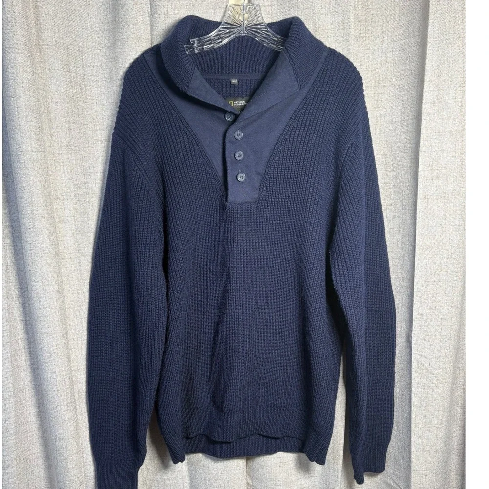 National Geographic Mens 100% Wool Ribbed Shawl Collar Sweater Navy Blue Medium